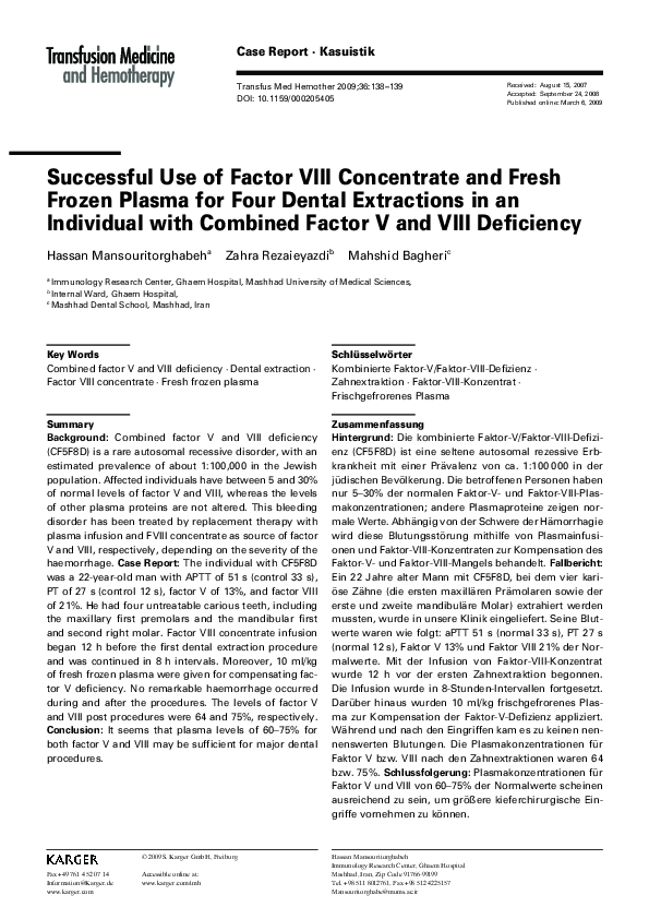 (PDF) Successful Use of Factor VIII Concentrate and Fresh Frozen Plasma ...