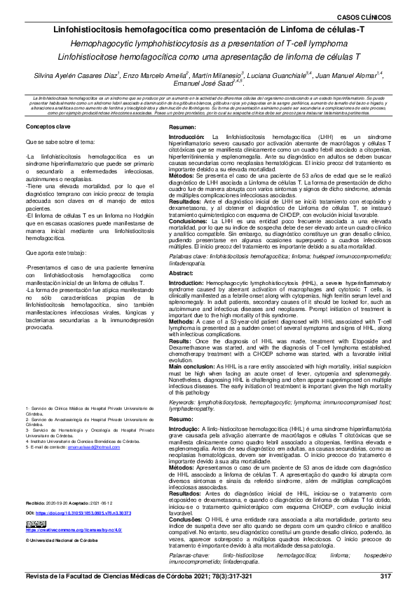 (PDF) Linfohistiocitosis hemofagocítica como presentación de Linfoma de
