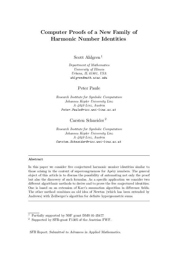 (PDF) Computer proofs of a new family of harmonic number identities