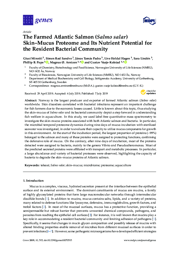 (PDF) The Farmed Atlantic Salmon (Salmo salar) Skin–Mucus Proteome and ...