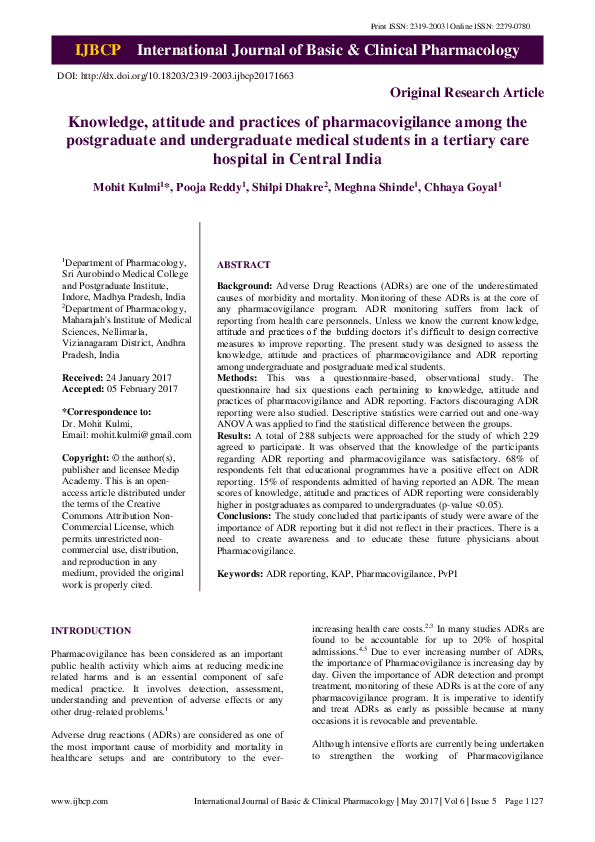 (PDF) Knowledge, attitude and practices of pharmacovigilance among the ...