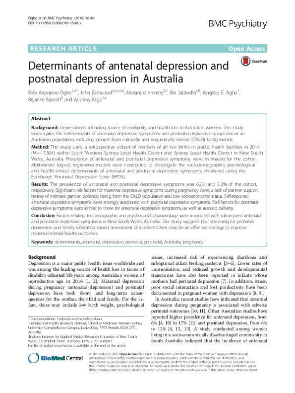 (PDF) Determinants of antenatal depression and postnatal depression in ...
