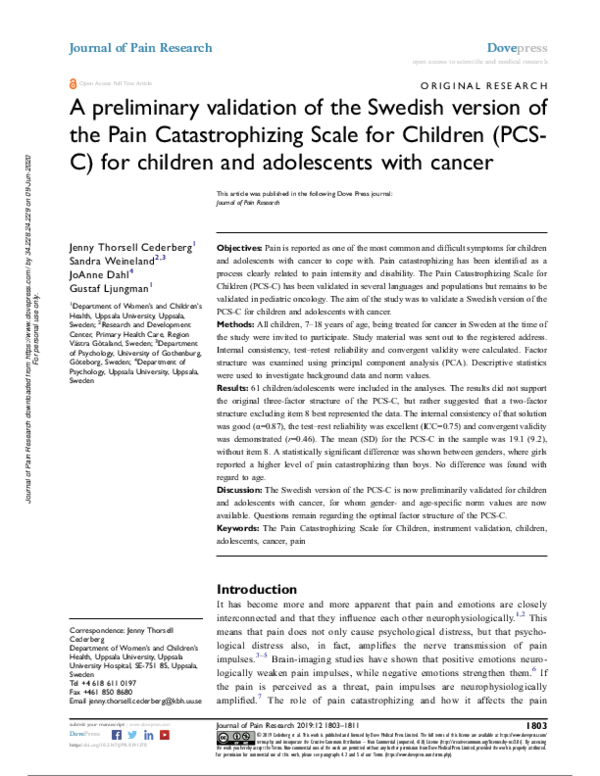 (PDF) A preliminary validation of the Swedish version of the Pain ...