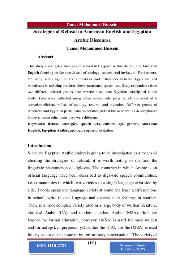 (PDF) Strategies of Refusal in American English and Egyptian Arabic ...