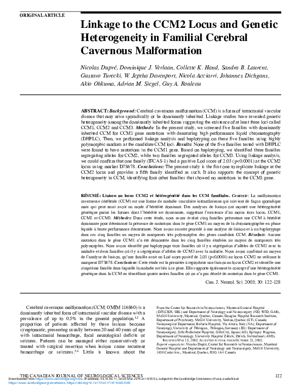 (PDF) Linkage to the CCM2 locus and genetic heterogeneity in familial ...