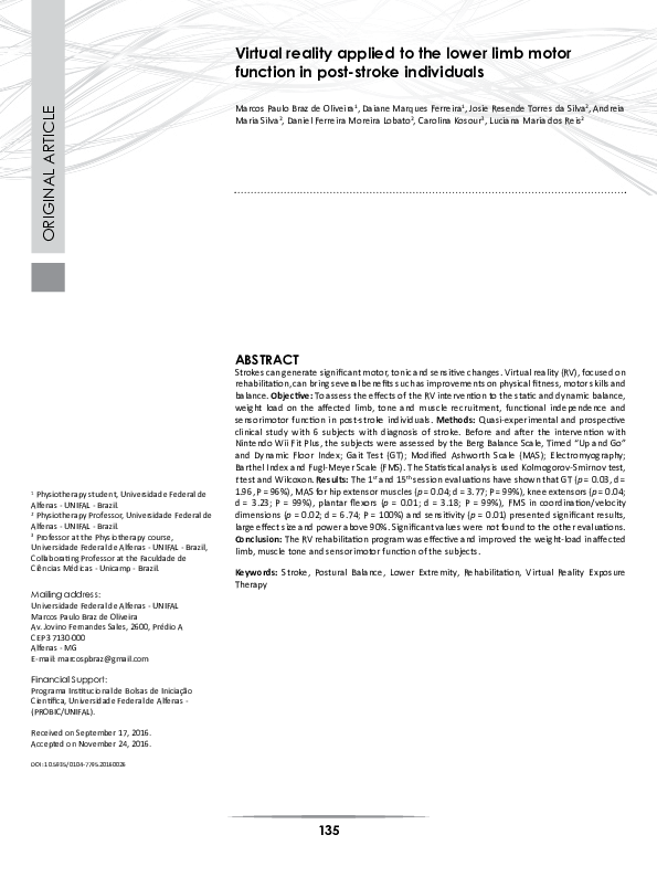 (PDF) Virtual reality applied to the lower limb motor function in post ...