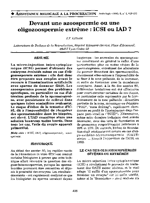 PDF) Devant une azoospermie ou une oligozoospermie extrme: ICSI ou IAD?