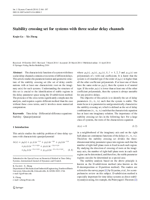 (PDF) Stability crossing set for systems with three scalar delay channels