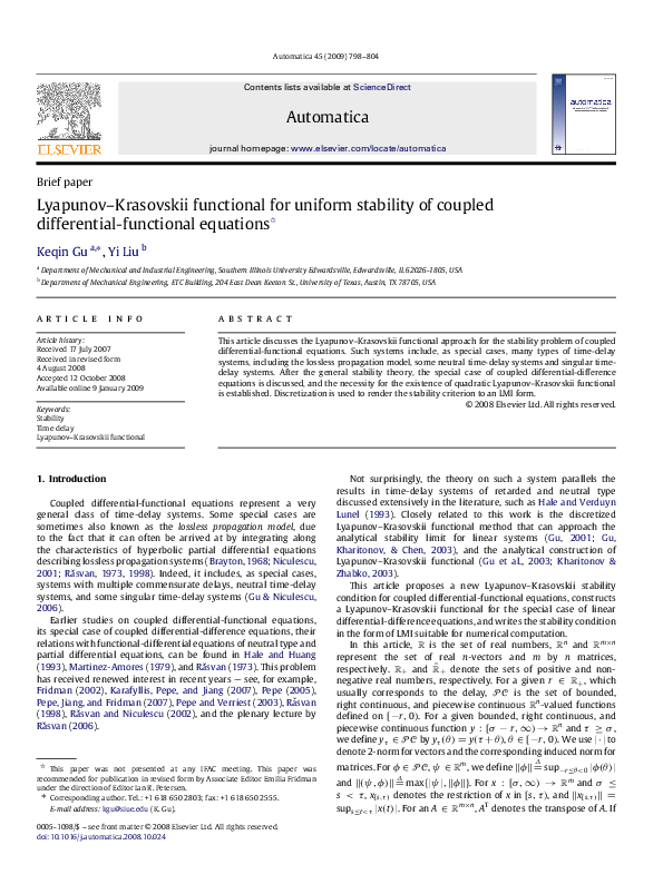 (PDF) Lyapunov–Krasovskii functional for uniform stability of coupled ...