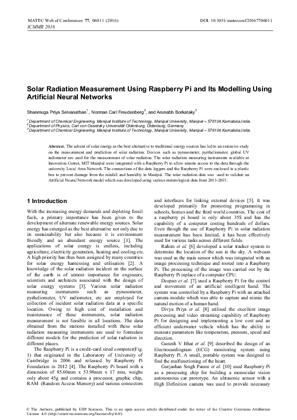 (PDF) Solar Radiation Measurement Using Raspberry Pi and Its Modelling ...