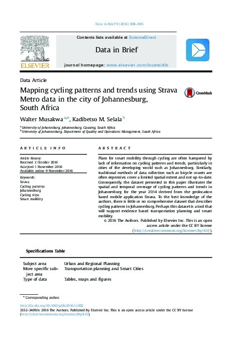 Mapping cycling patterns and trends using Strava Metro data in the city of Johannesburg, South Africa