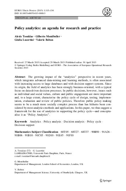 (PDF) Policy analytics: an agenda for research and practice