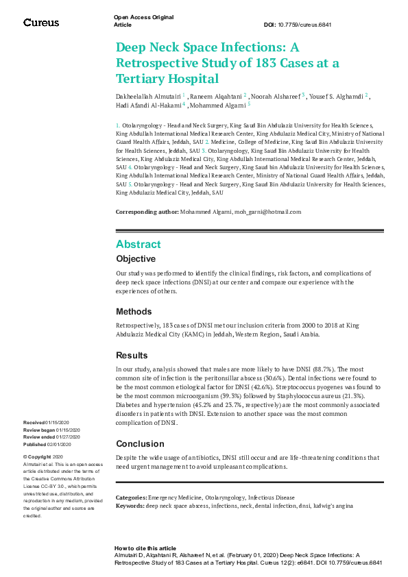 (PDF) Deep Neck Space Infections: A Retrospective Study of 183 Cases at ...