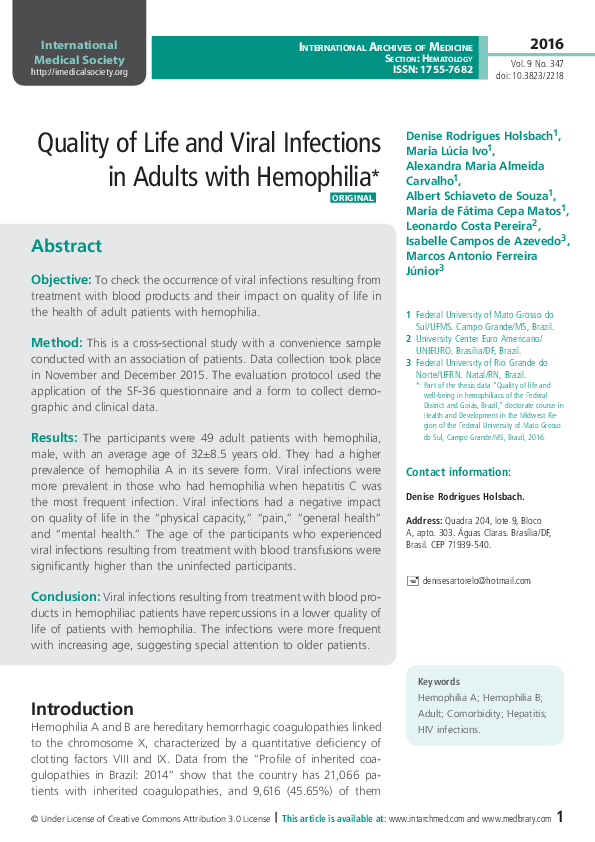 (PDF) Quality Of Life And Viral Infections In Adults With Hemophilia