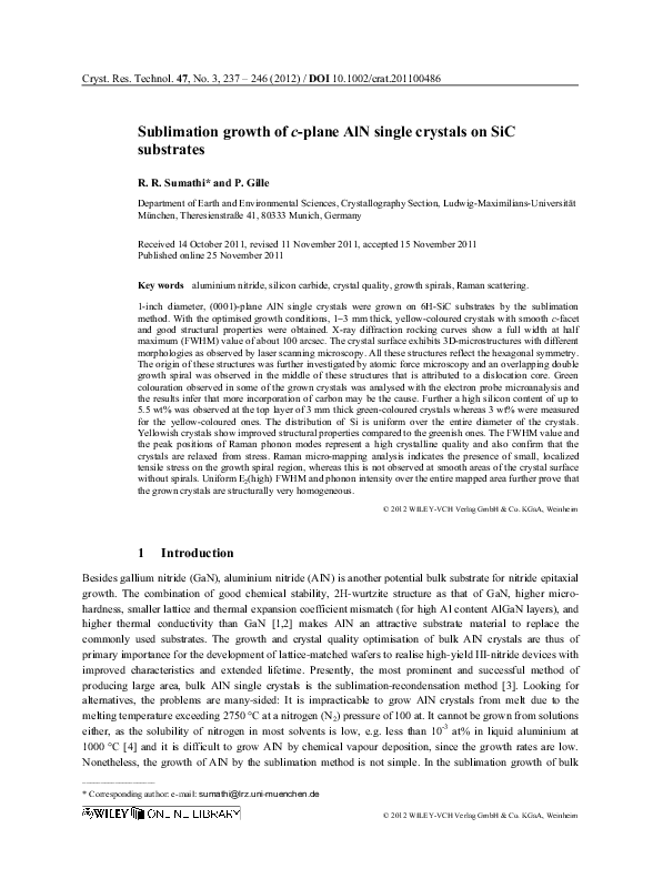 (PDF) Sublimation growth of c -plane AlN single crystals on SiC substrates