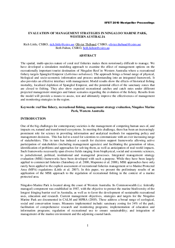 (PDF) Evaluation of management strategies in Ningaloo Marine Park