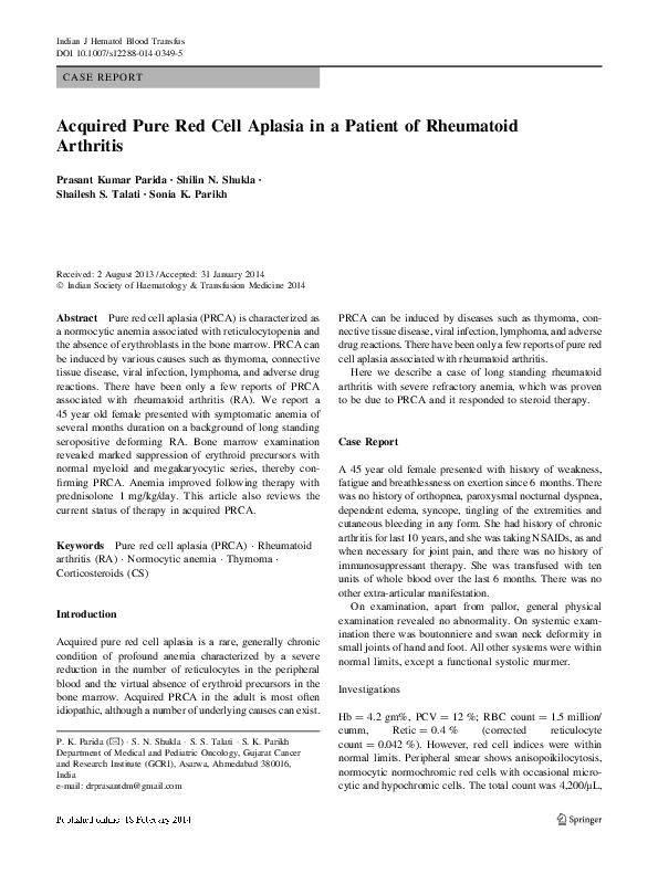 (PDF) Acquired Pure Red Cell Aplasia in a Patient of Rheumatoid Arthritis