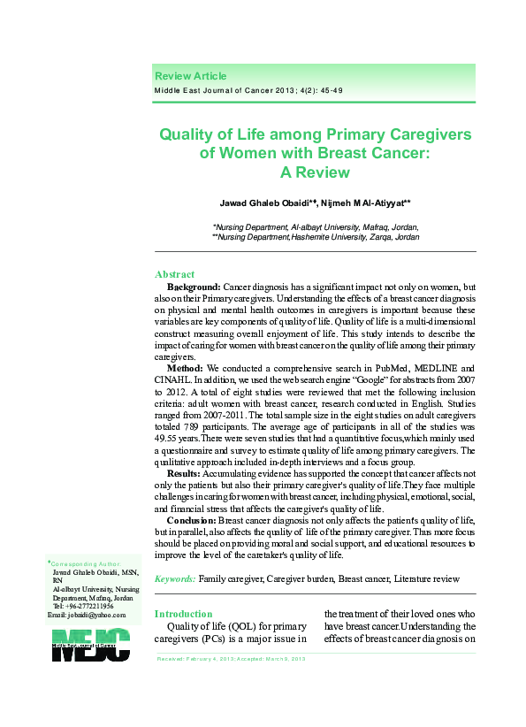 (PDF) Quality of Life among Primary Caregivers of Women with Breast ...