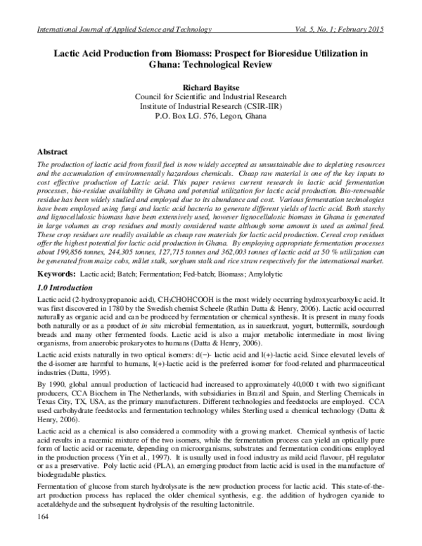 (PDF) Lactic Acid Production from Biomass: Prospect for Bioresidue ...