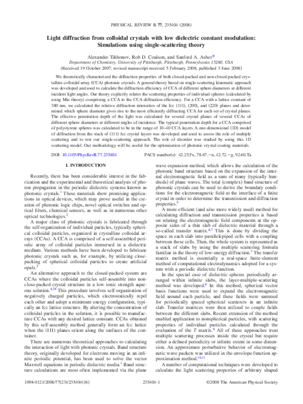 (PDF) Light diffraction from colloidal crystals with low dielectric ...