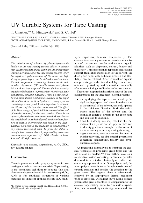 (PDF) UV Curable Systems for Tape Casting Serge Corbel Academia.edu