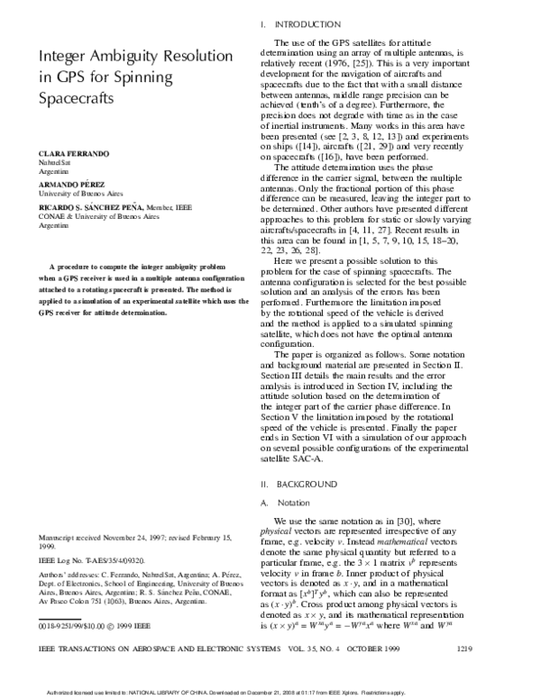 (PDF) Integer ambiguity resolution in GPS for spinning spacecrafts