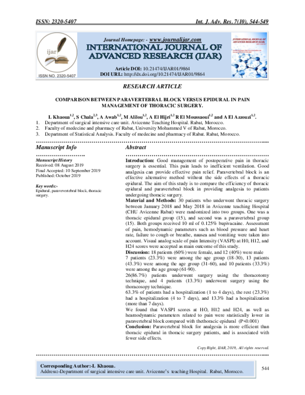 (PDF) Comparison Between Paravertebral Block Versus Epidural in Pain Management of Thoracic