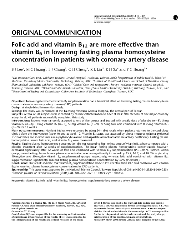 (PDF) Folic acid and vitamin B12 are more effective than vitamin B6 in