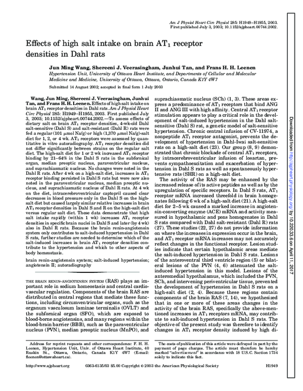 (PDF) Effects of high salt intake on brain AT1 receptor densities in ...