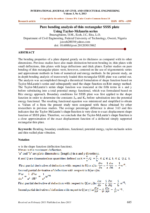(PDF) Pure bending analysis of thin rectangular SSSS plate Using Taylor ...