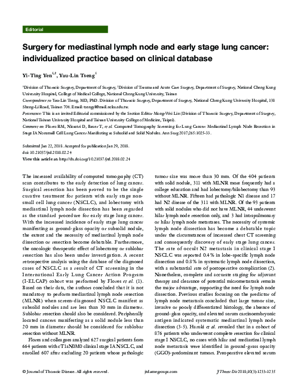 (PDF) Surgery for mediastinal lymph node and early stage lung cancer ...