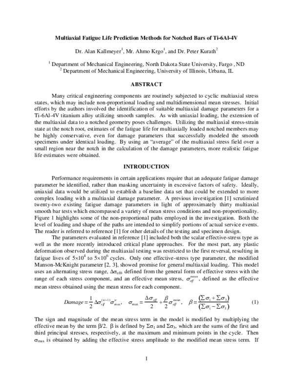 (PDF) Multiaxial Fatigue Life Prediction Methods for Notched Bars of ...