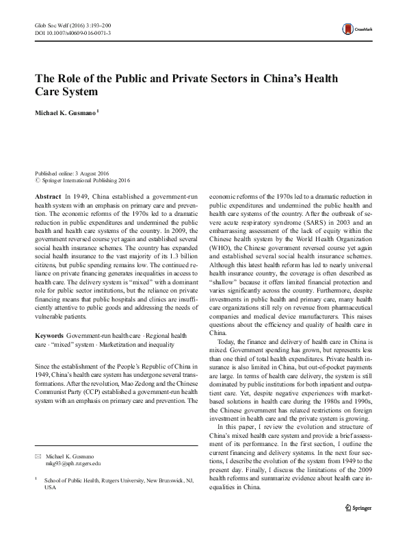 (PDF) The Role of the Public and Private Sectors in China’s Health Care ...