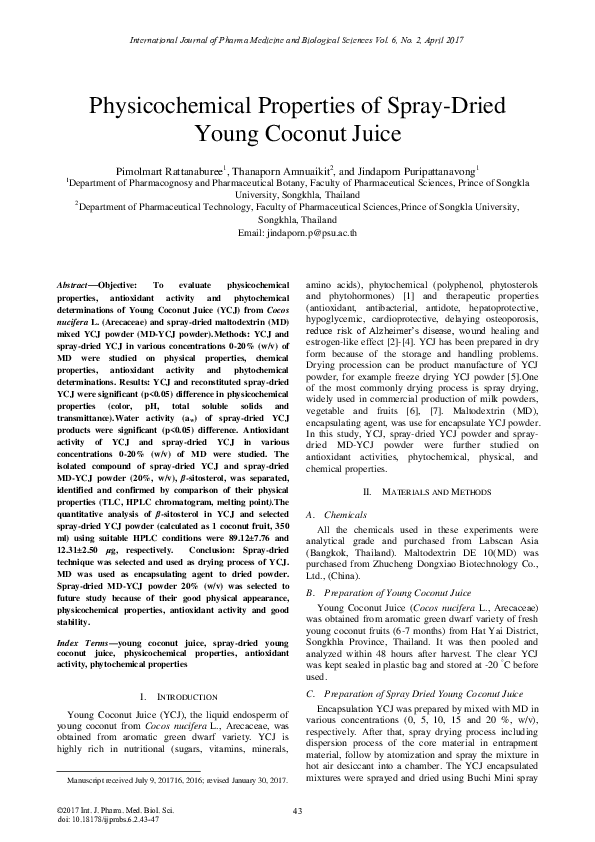 (PDF) Physicochemical Properties of Spray-Dried Young Coconut Juice