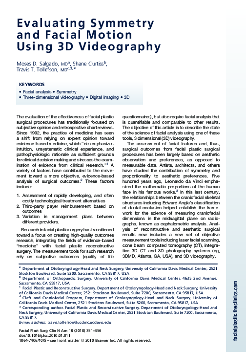 (PDF) Evaluating symmetry and facial motion using 3D videography