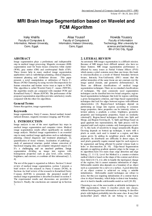 (PDF) MRI Brain Image Segmentation based on Wavelet and FCM Algorithm