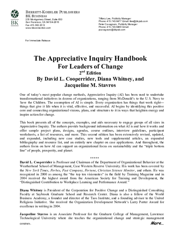 PDF) Appreciative inquiry handbook: For leaders of change
