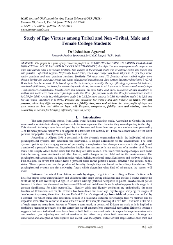 (PDF) Study of Ego Virtues among Tribal and Non –Tribal, Male and ...