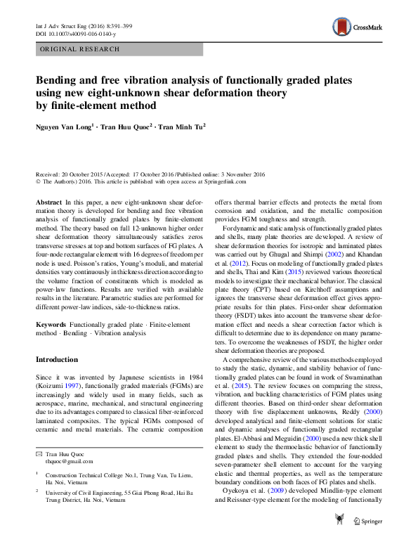 (PDF) Bending and free vibration analysis of functionally graded plates ...