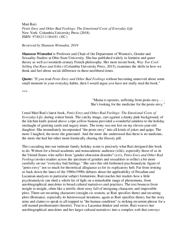 (PDF) Mari Ruti, Penis Envy and Other Bad Feelings: The Emotional Costs ...