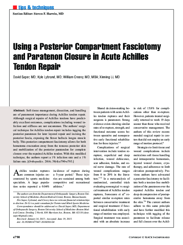 (PDF) Using a Posterior Compartment Fasciotomy and Paratenon Closure in