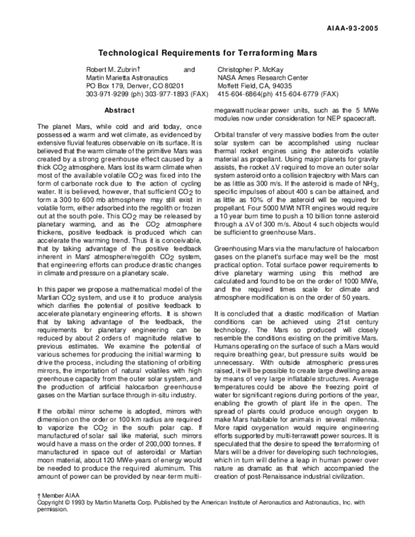 (PDF) Technological requirements for terraforming Mars Robert Zubrin Academia.edu