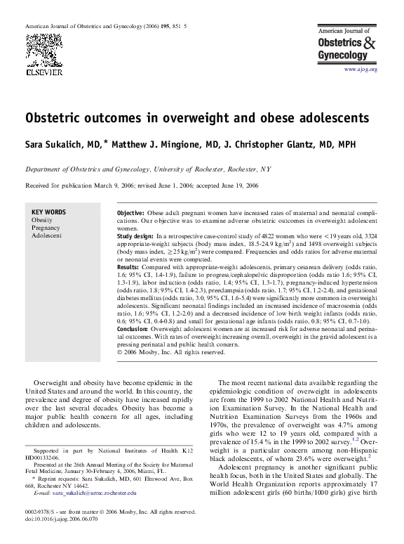 (PDF) Obstetric outcomes in overweight and obese adolescents