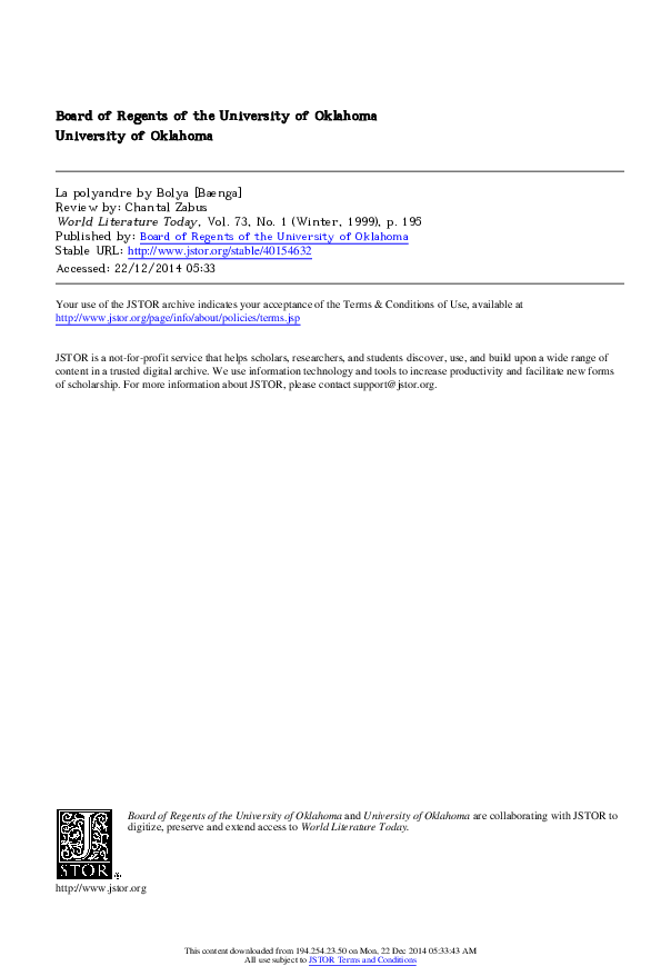 (PDF) Bolya Baenga, La Polyandre, World Literature Today, 73 : 1 ...