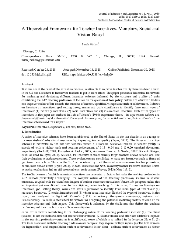 (PDF) A Theoretical Framework for Teacher Incentives: Monetary, Social ...