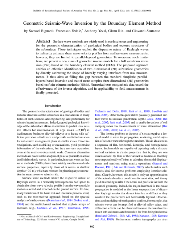 (PDF) Geometric Seismic‐Wave Inversion by the Boundary Element Method