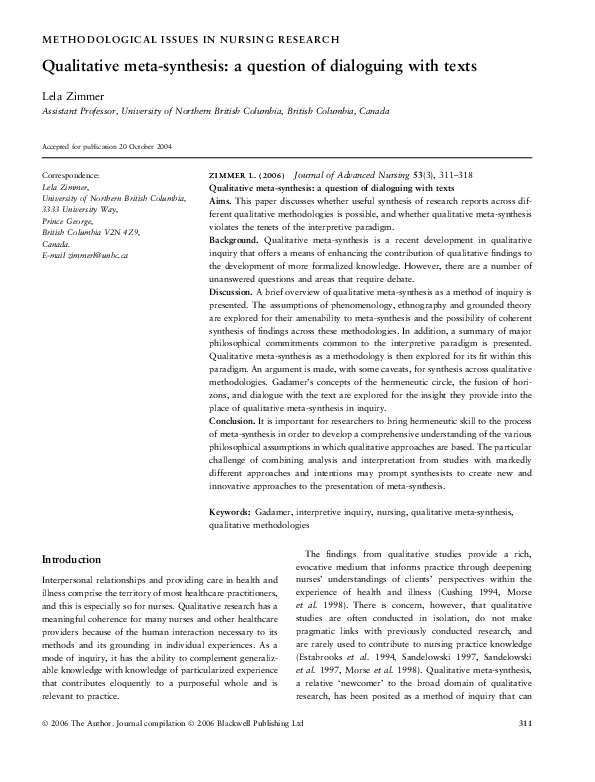 (PDF) Qualitative meta-synthesis: a question of dialoguing with texts