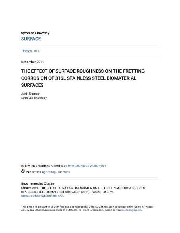 (PDF) The Effect of Surface Roughness on the Fretting Corrosion of 316L