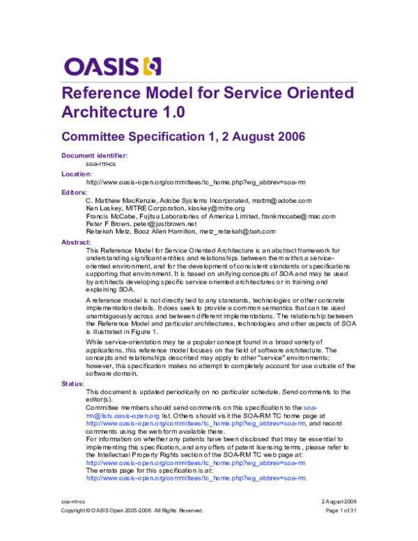 (PDF) Reference Model for Service Oriented Architecture 1.0