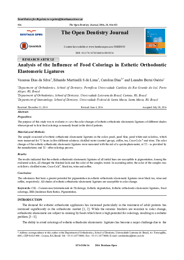 (PDF) Analysis of the Influence of Food Colorings in Esthetic Orthodontic Elastomeric Ligatures